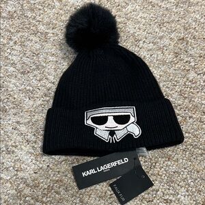NWT Karl Lagerfeld Paris Black Beanie with Rinestones & Faux Fur Pom Pom